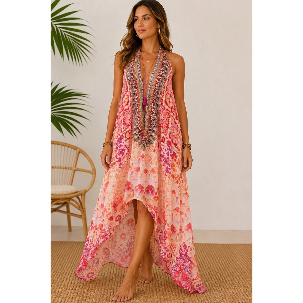 Balona Collection Beaded Halter Caftan Cover Up Boho One Size Pink Coral